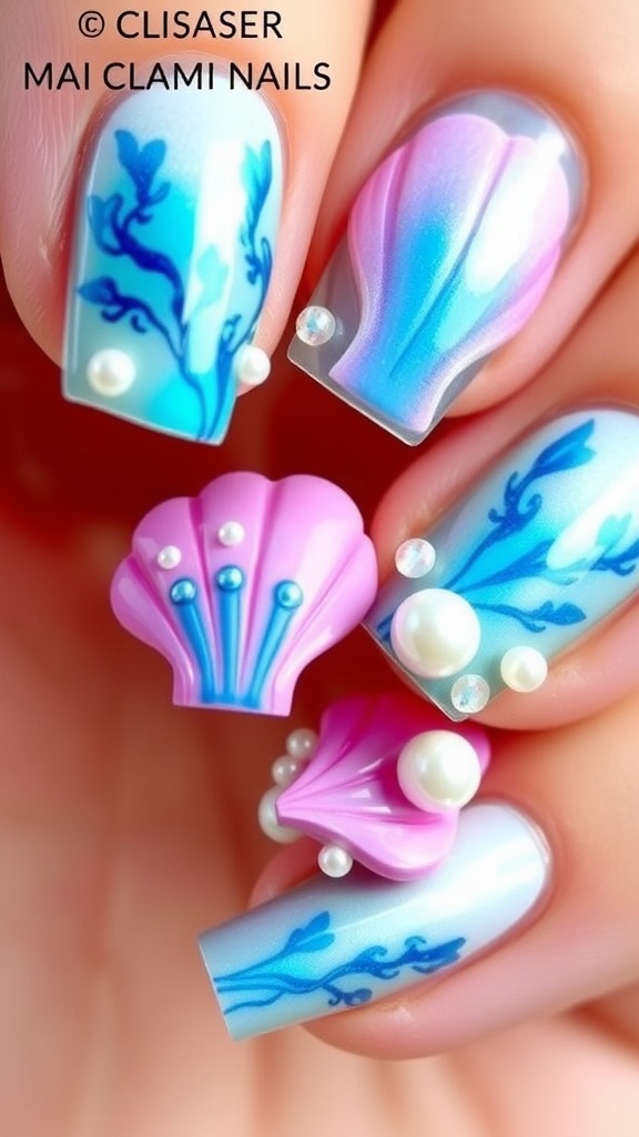 Close-up of 3D clam shell nails with pearls and vibrant colors.